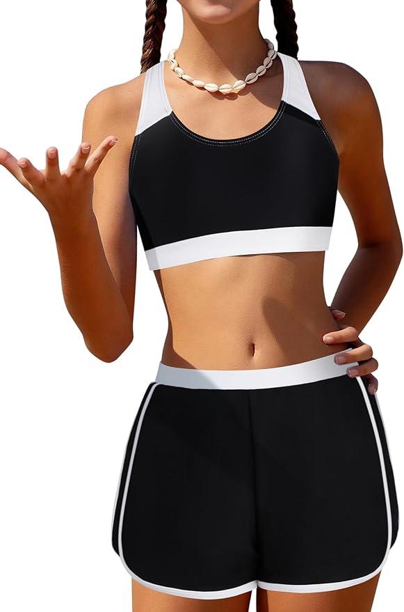 Gaupafmb Girls Bikini 3PCS Swim Sets Color Block Crop Top Briefs with Shorts for 11-12Y Years
