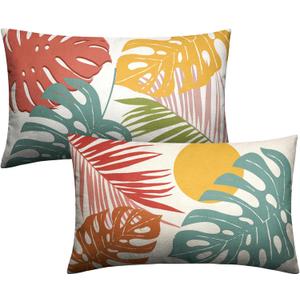 Set of 2 Summer Tropical Leaves Lumbar Throw Pillow Covers Palm Banana Leaf Pillow Covers 12x20 Abstract Sun and Monstera Leaf Cushion Case for Sofa Patio Indoor Outdoor Decor