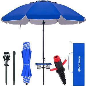 HOMEDEMO 7FT Beach Umbrella with Table & Anchor, Heavy Duty Windproof with UPF 50+ Sun Protection, Outdoor Umbrellas with Adjustable Aluminum Pole (Sapphire Blue)
