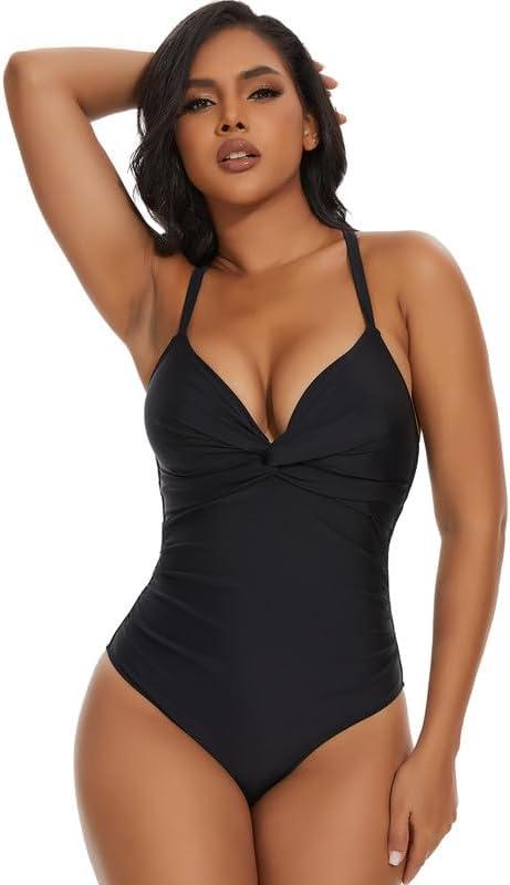 SHAPERIN Women's One Piece Swimsuits Tummy Control High Waisted Bathing Suits Padded Push Up Shapewear Swimwear Monokini (Medium, #2-black)