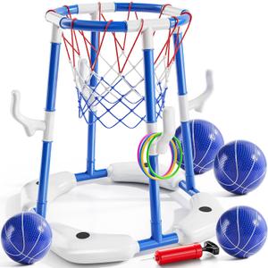 NIPLOOOW Pool Basketball Hoop, 2-in-1 Floating Pool Toys Ring Game with 4 Balls and Pump, Outdoor Swimming Pool Basketball Games Water Play Toy Family Party for Kids Adults Age 3-12 (Blue), Small