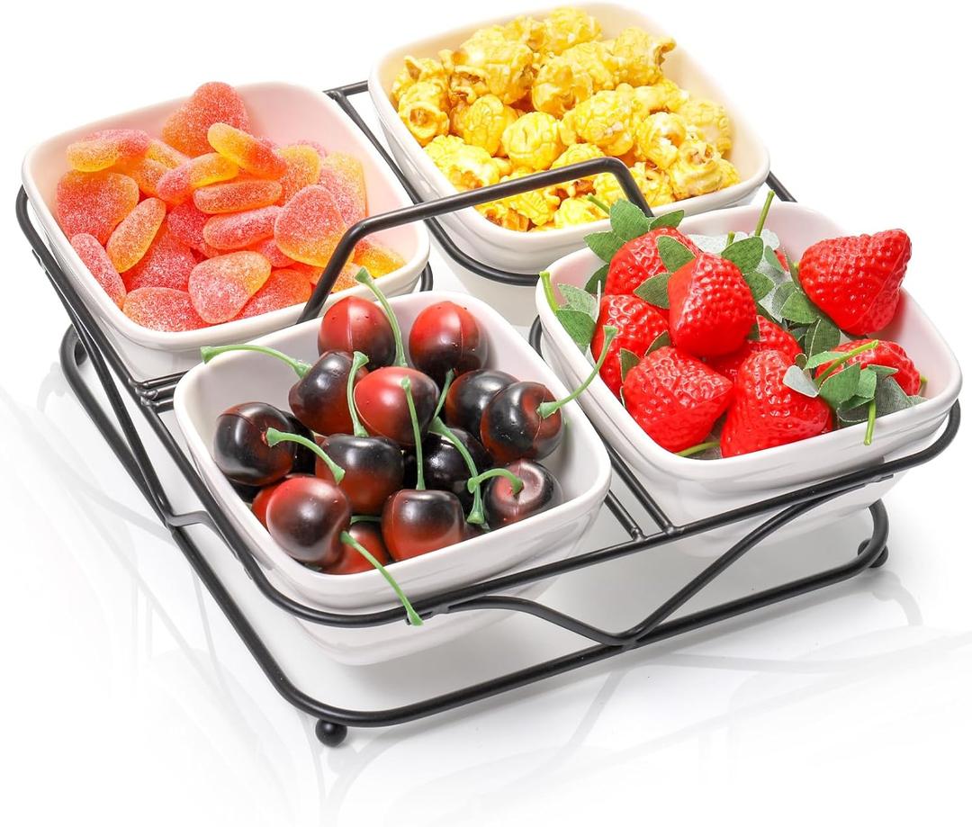 Ceramic Divided Serving Dishes, 4 Removable Snack Bowls with Metal Stand, 9 Inch Appetizer Platter with Handle, Dip Bowls for Party, Condiment Serving Relish Tray for Chips & Dips, Nut, Candy
