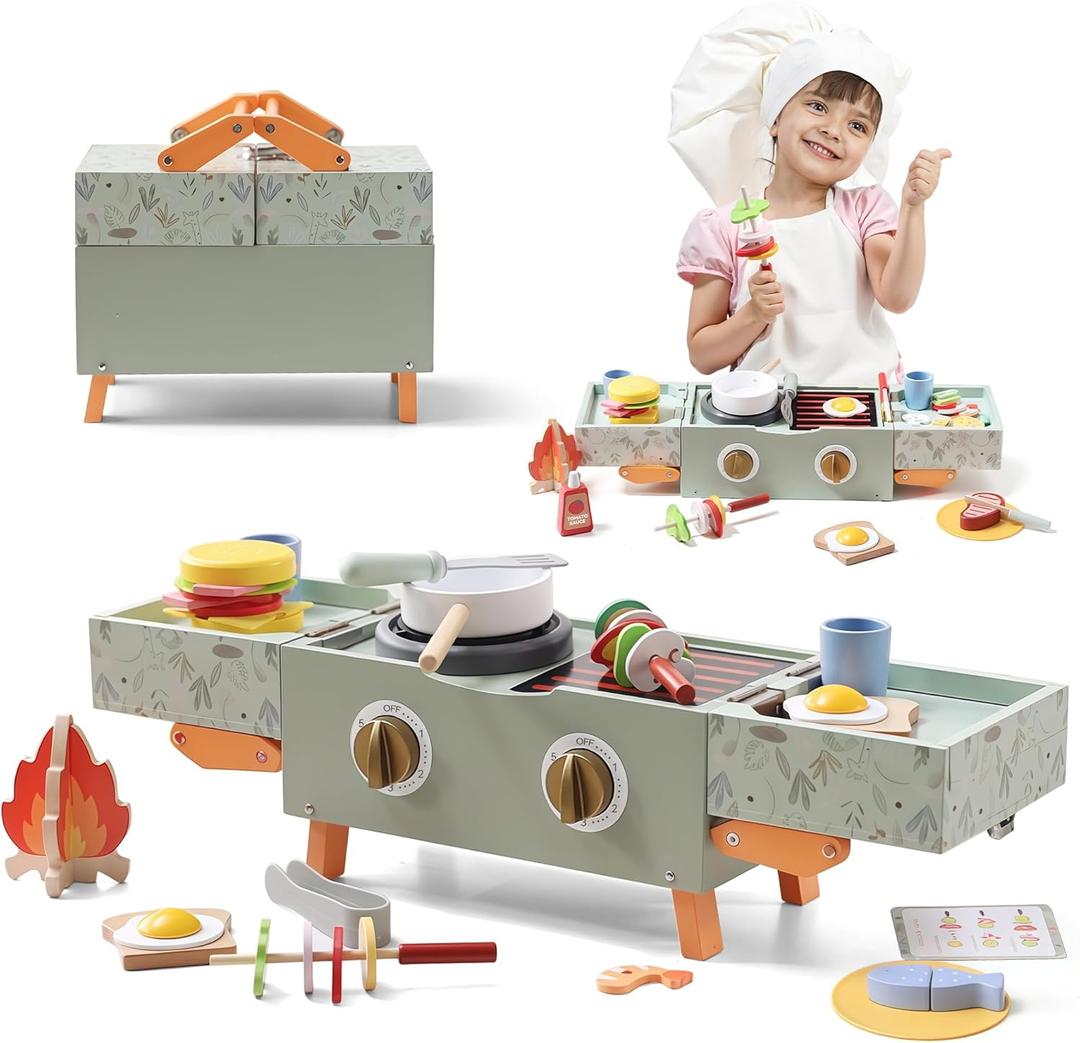 Wooden Kids Grill Playset with Play Kitchen Accessories| Pretend Play Toys for Toddlers 3-5, Cooking BBQ Play Food Toy for 3+ Year Old Boys & Girls, Birthday Gifts for Kids