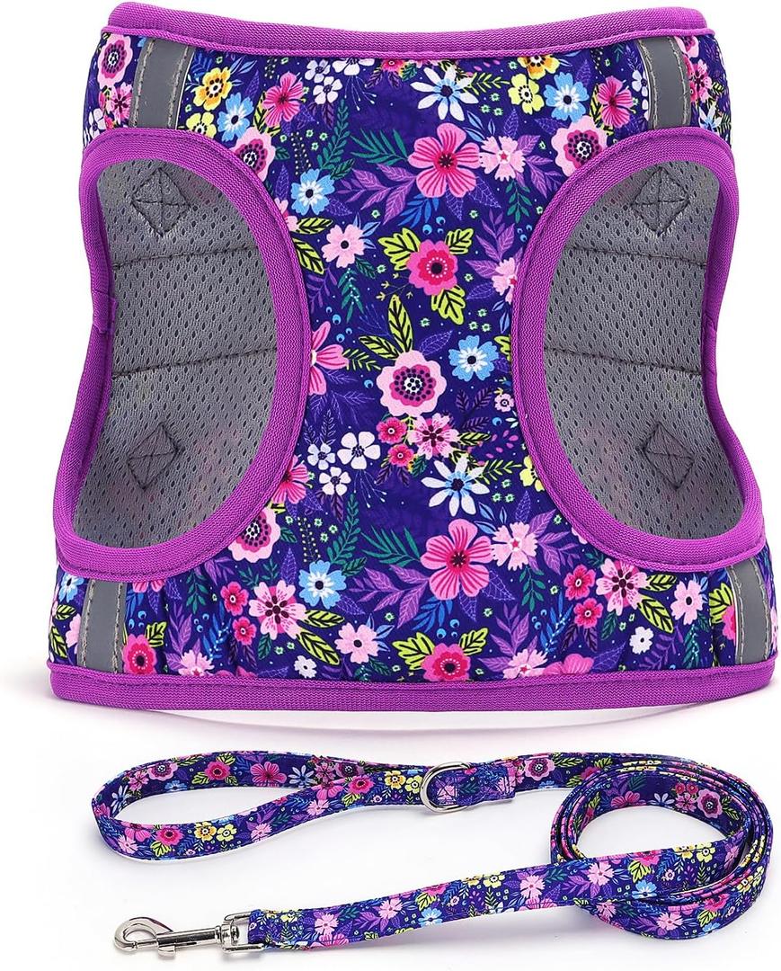 Moonpet Step in Dog Harness Leash Set- All Weather Reflective No-Pull Floral Pattern Padded Mesh Vest Harness for Cats Puppy Extra-Small Small Medium Large Dogs - Dark Flower - XL (XL:neck 17.3-22.8,chest 25.2-31.5)