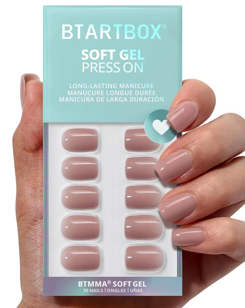 BTArtbox Press On Nails Short  Taro Nude Squoval Fall Press On Nails with Glue for Women, Opaque Soft Gel Glue On Nails in 15 Sizes  30 Stick On Nails Kit, Clay Kiss