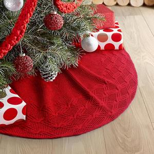 GMOEGEFT 24 Inches Knitted Christmas Tree Skirt, Vintage Knit Xmas Tree Skirt, Rustic Christmas Home Decorations, Red Xmas Tree Holiday Decorations
