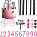 Yerliker 34 Pcs Happy Birthday Cake Toppers Decorations Birthday Candles DIY Cake Decor for Men Women Wedding Anniversary(Black Pink Rose Red)