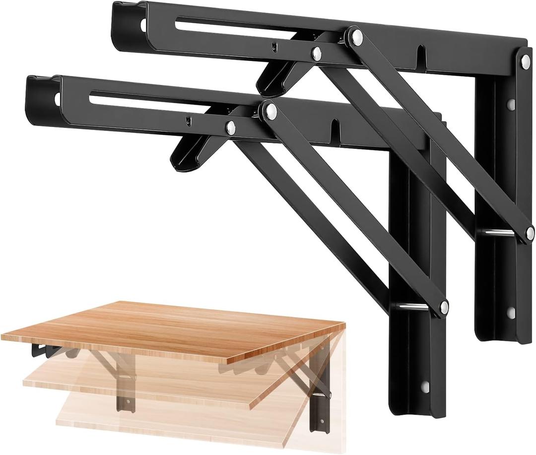 Ravinte 2 Pack 12 Inch Folding Shelf Brackets  Matte Black, Heavy Duty Collapsible Brackets for Tables and Benches  Space-Saving Design