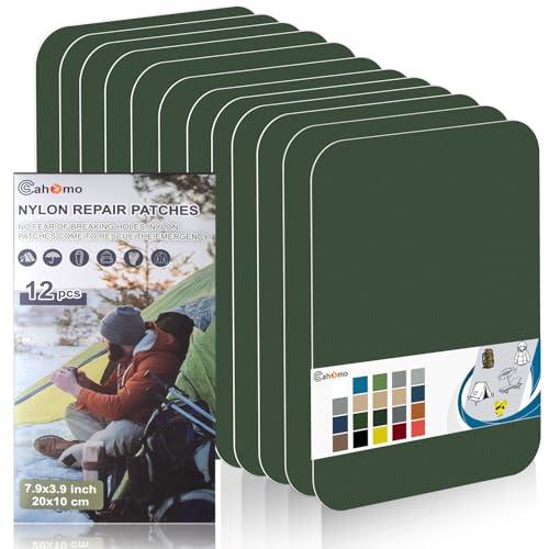 Cahomo 7.9x3.9 inch 12 PCS Nylon Repair Patch Nylon Repair Tape Self Adhesive Fabric Tapes Outdoor Camping Gear Fabric kit for Tent, Umbrella, Down Jackets, Sleeping Bag, Knapsack（Army Green）