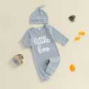 ZAXARRA Newborn Boy Stripe Romper Letter Embroidery Long Sleeve Round Neck Full Length Jumpsuit with Hat (Blue)