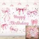 Pink Bow Happy Birthday Backdrop Coquette Birthday Party Photography Background for Girls Women Cute Bachelorette Party Baby Shower Decoration Banner (60x36 inch (5x3FT))
