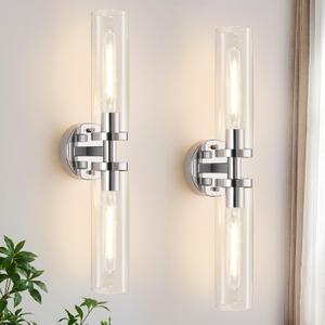 Wall Sconces Set of Two, Chrome Bathroom Sconces Wall Lighting with Clear Glass, Modern Sconces Wall Decor Set of 2 Bathroom Light fixtures for Mirror Living Room Hallway Bedroom