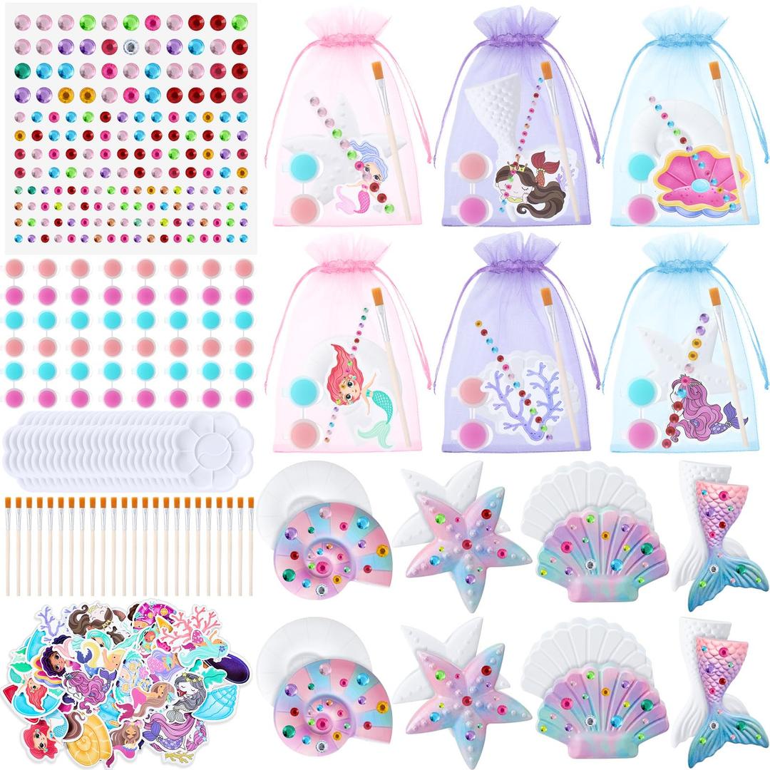 Gersoniel 24 Set Mermaid Theme DIY Plaster Paint Your Own Figurines Art and Craft Set Sea Party Favors Painting Statues Kits with Brushes Palette Mermaid Sticker Organza Bag for Art Activity Supply