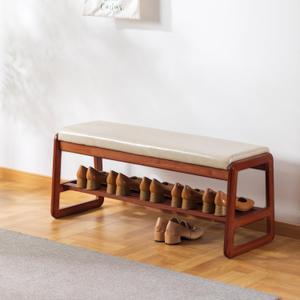 2-Tier Wooden Shoe Bench 39.4" - Entryway Storage Organizer with Padded Seat, Rustic Brown Shoe Rack for Hallway, Closet, Bedroom, Rubber Wood