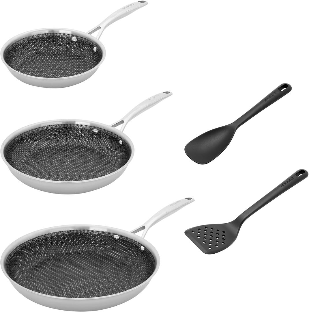 HENCKELS Paradigm 5-pc Cookware Set, Nonstick Frying Pan and Silicone Utensil Set, 3-Ply Stainless Steel Skillets for Induction Cooktop, Gas & Electric Stovetops Dishwasher Safe & Oven Safe