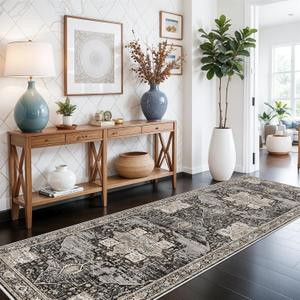 RUUGME Washable 3X8 Runner Rugs - Large Boho Rugs for Living Room Stain Resistant Carpet Vintage Tribal Rugs for Bedroom Kitchen Bathroom Non Slip Backing Home Decor Floor Decoration Mat 3X8 Black