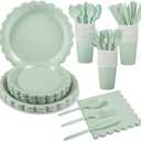 175 Pcs Party Plates and Cups and Napkins Sets, 9" Paper Plates, 7" Dessert Plate, 9oz Cups & Cutlery, 25 Guest Scalloped Sage Green Party Supplies for Wedding, Bridal Baby Shower, Birthday