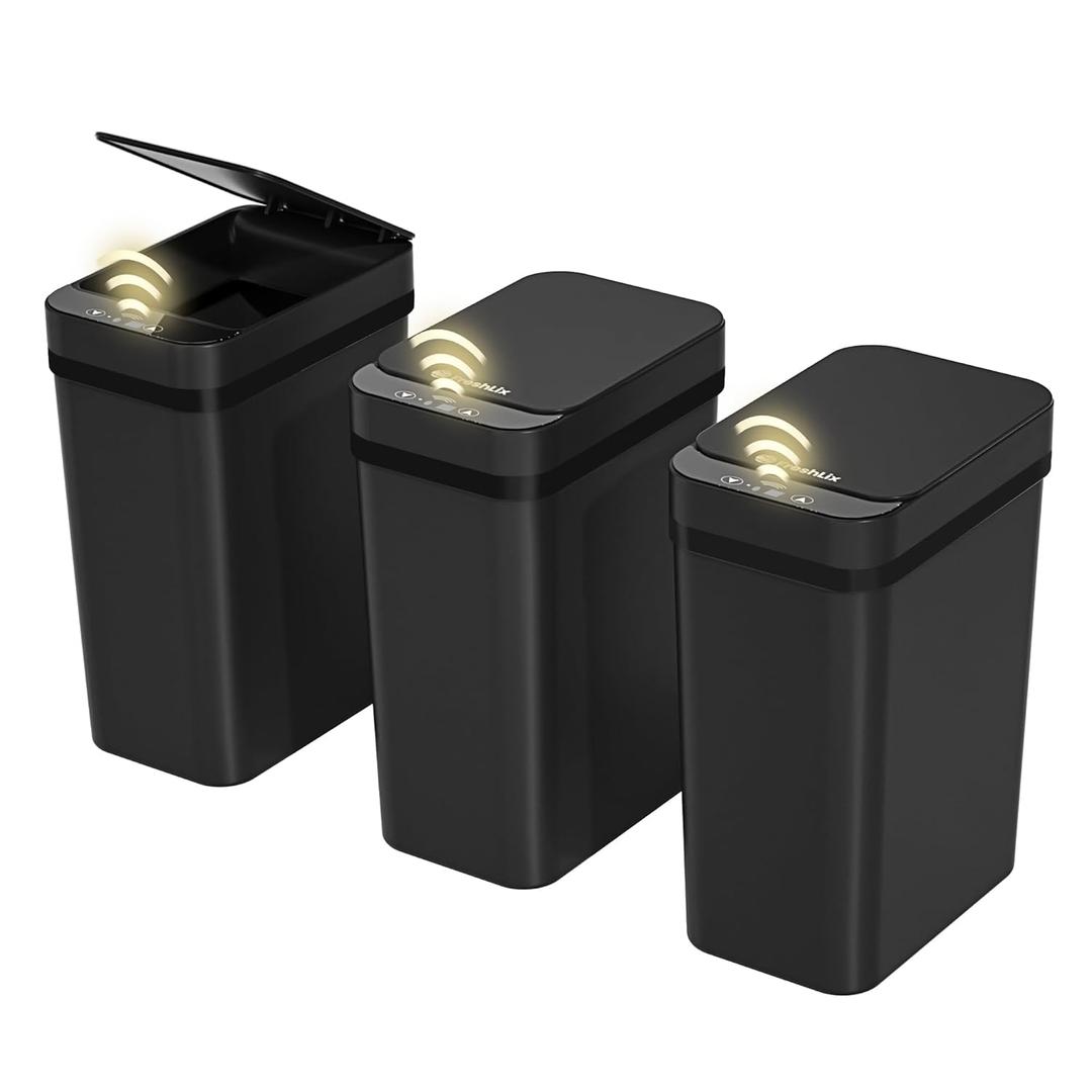 FRESHLIX 3 Pack Bathroom Can 2.6 Gallon Small Touchless Automatic Motion Sensor Cans Slim Waterproof Garbage Bin with Lid for Kitchen, Office, Bedroom Black