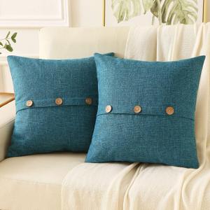 HAUSSY Teal Linen Decorative Throw Pillow Covers 20x20 Inch Set of 2,Square Cushion Case with 3 Vintage Buttons,Modern Farmhouse Home Decor for Couch,Bed