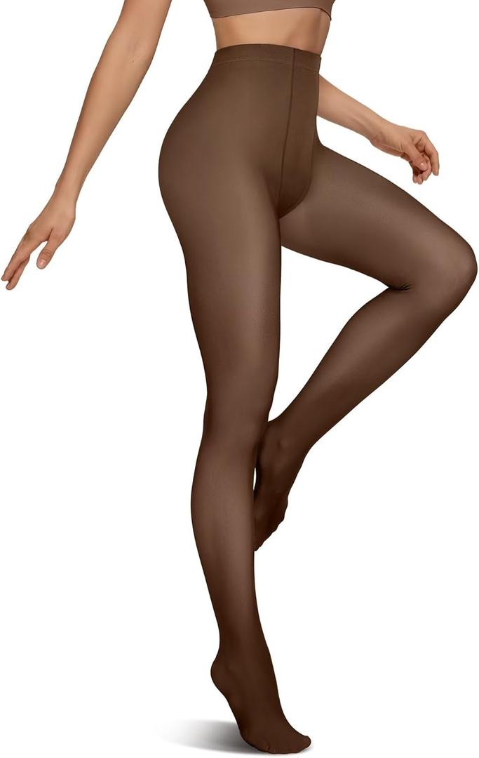 Vertvie Fleece Lined Tights for Women Thermal Pantyhose Fake Translucent Winter Warm Tights High Waisted Thick Leggings (Small-Medium, Coffee Sheer)