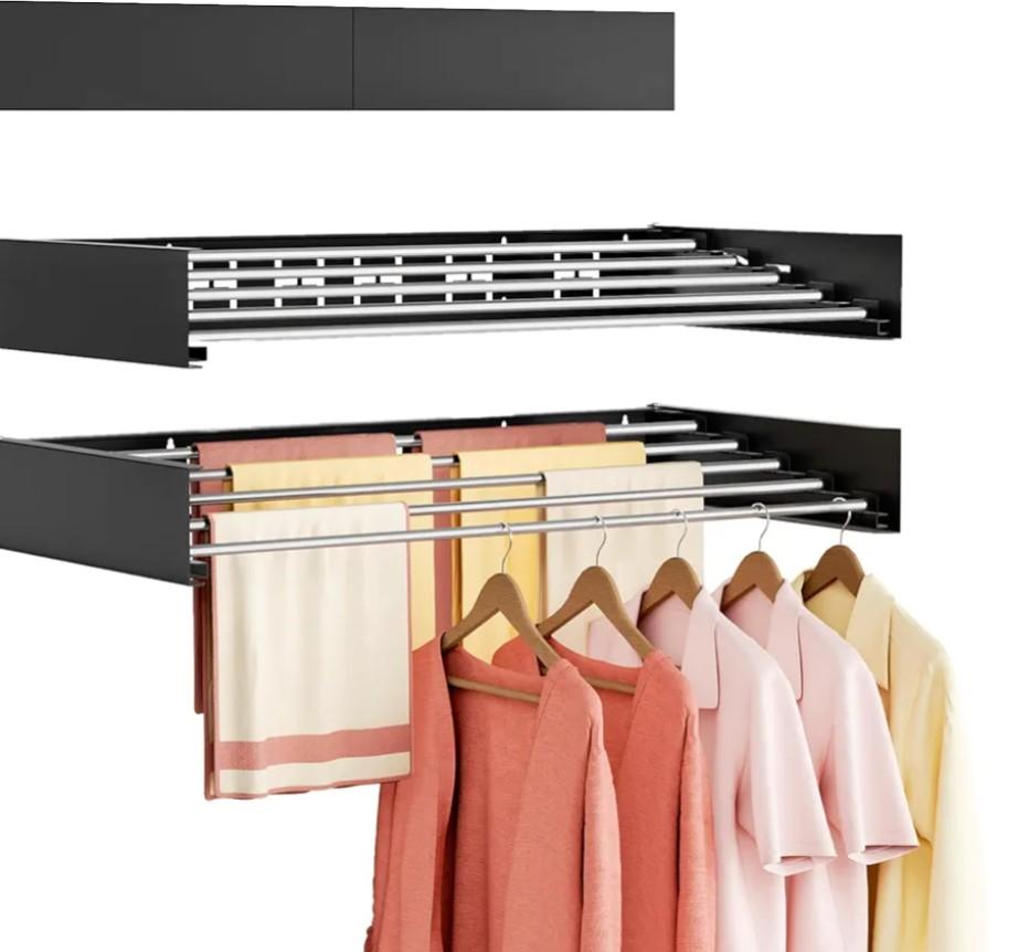 Wall Mounted Clothes Drying Rack Folding Indoor, Foldable Laundry Drying Rack Collapsible,Invisible, Space Saving, Retractable Towel Drying Rack, with Wall Template(6 Drying Rods, Black 40")