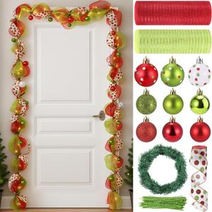 28 Pcs DIY Christmas Decor Mesh Entryway Garland Decoration Metallic Mesh Ribbon Red Christmas Balls Ribbon Pine Needles Garlands Chenille Stems for Xmas Door Holiday Wreath (Stylish Style)