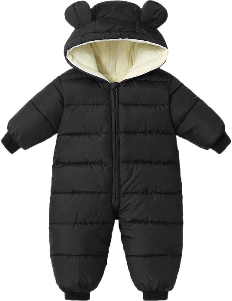 Infant Toddler Snowsuit Cute Baby Bear Suit Newborn Winter Coat Warm Hooded Jumpsuit for Boys Girls (6-9 Months, Black)