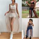 Women's Tulle Sheer Mesh Sequin Swimsuit Cover Up Sparkly Flowy Long Maxi Slit Dress Rave Festival Sexy Outfits Blue (Blue, M)