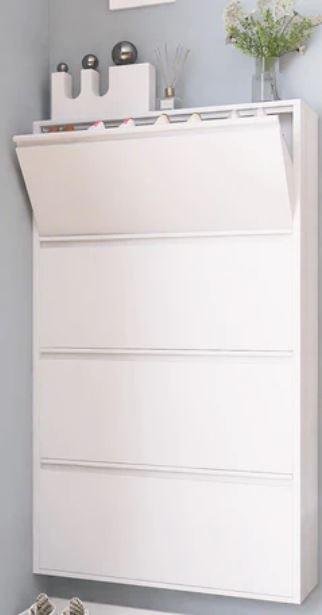Shoe Storage Cabinet With 3 Flip Drawers, Wall Mount Metal Shoe Organizer For Entryway, Flip Drawer Steel Shoe Rack Cabinet For Indoor Shoe Storage, White