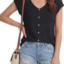 LYANER Women's V Neck Button Blouse Cap Sleeve Work Shirt Office Dressy Tee Shirt Tops (L)