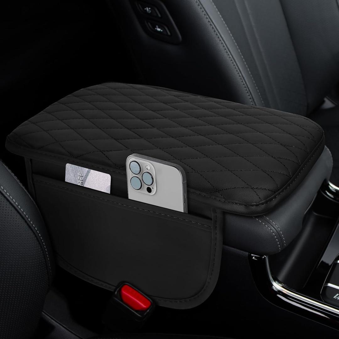 Car Center Console Cover, 12"7.87" Waterproof Leather Auto Armrest Cover Protector with 2 Pocket, Comfortable Arm Rest Box Cushion Pad, Universal Interior Car Accessories (Black)