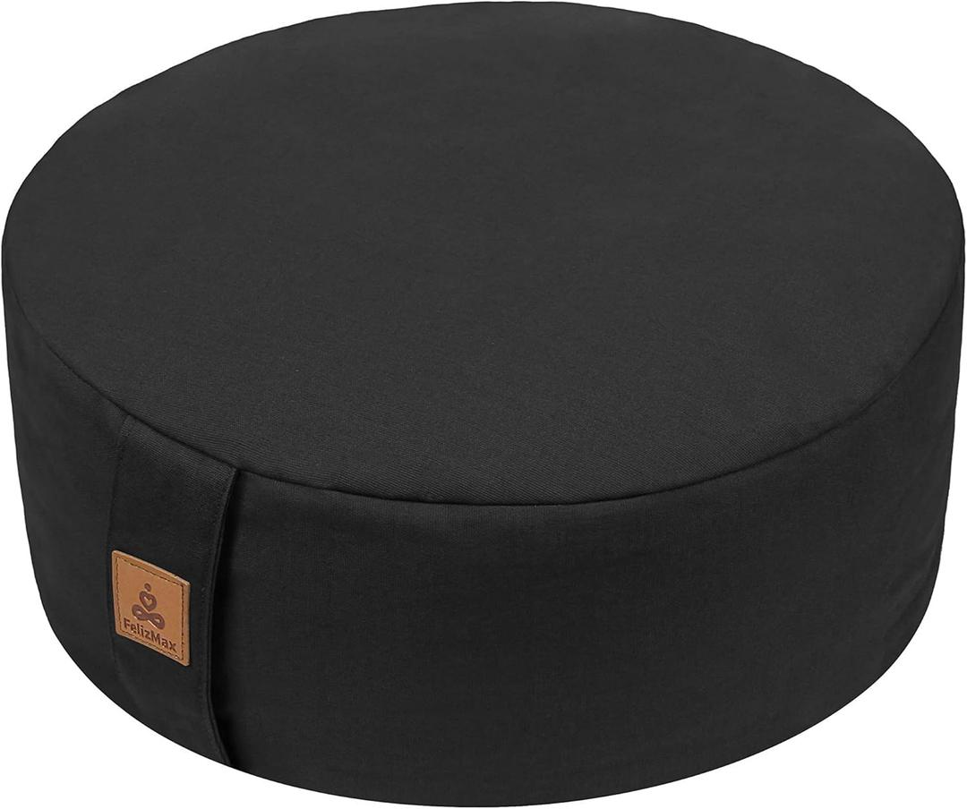 Zafu Buckwheat Meditation Cushion, Round Zabuton Meditation Pillow,Yoga Bolster Kneeling Pillow Premium Yoga Pillow for Sitting on Floor Zippered Cotton Cover (Black), Size: 16"x16“x5"