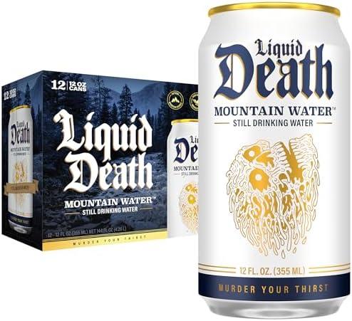 Liquid Death, Still Mountain Water, 12-Pack (12oz Cans), Real Mountain Source, Infinitely Recyclable Ice-Cold Cans, American Made, BB 05/16/28