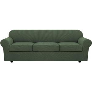 H.VERSAILTEX 4 Piece Stretch Sofa Covers for 3 Cushion Couch Covers for Living Room Furniture Slipcovers (Base Cover Plus 3 Seat Cushion Covers) Thicker Jacquard Fabric (Large Sofa, Bronze Green)