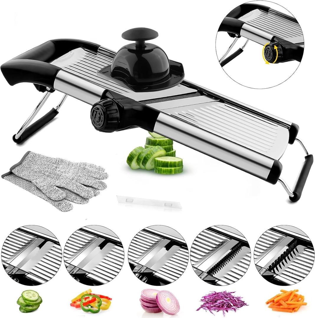 VEKAYA Mandoline Slicer, Mandoline Slicer for Kitchen, Adjustable Mandolin, Stainless Steel Mandoline, Vegetable Slicer, Potato, Onion, Cucumber, Tomato, Veggie Slicer with Cut-Resistant Gloves (Silver)