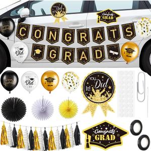 Soulchen 23 Pcs Graduation Parade Car Decorations Class of 2026 Congrats Grad Car Decorations Flag Banner Balloons Tassels Honeycomb Paper Fans Magnet Sticker for Graduation Party Supplies(Black)