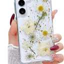 Lewrtser Compatible with Samsung Galaxy S25 Plus Case Cute Pressed Dried Real Flowers Women Girly Shockproof Glitter Floral Clear Phone Cover S25+ (White Flower)