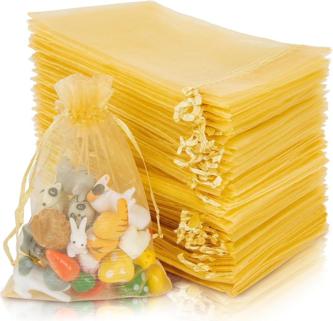 Sukh 100PCS Gold Organza Bags 4"x6" Small Organza Sachet Jewelry Gift Favor Bags Drawstring Mesh Bags Gifts Valentines Wedding Eve Christmas Wrap