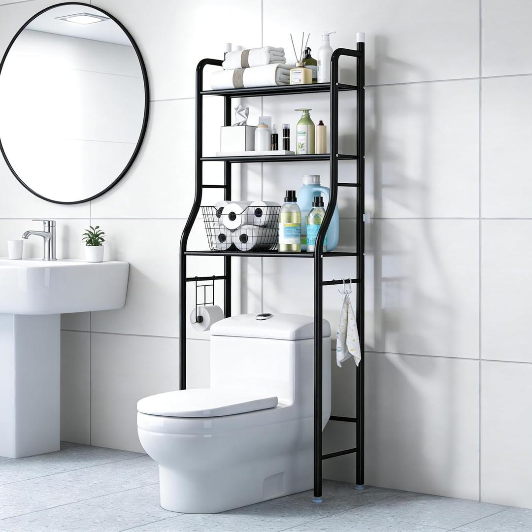 MilleLoom 3-Tier Over the Toilet Storage, Metal Bathroom Shelve, Over Toilet Bathroom Organizer, Space Saver Bathrooms Shelve for Restroom Laundry Balcony, Black