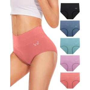 Women's Underwear High Waisted Ladies Cotton Panties Breathable Stretch Full Coverage Postpartum Brief, 5 Pack