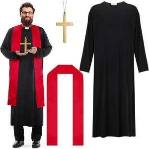 Zhanmai Men's Priest Costume Adult Priest Costume with Father Robe Stole Plastic Monk Cross for Cosplay Stage Halloween (Red, One Size)