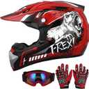 DOT Youth Dirt Bike Helmet with Goggles & Gloves for 5-14 Years Old, Kid ATV Helmets for Youth Boys Girls, Four Wheeler Helmet, Motocross BMX MX UTV Offroad Street Go Kart Dirt Bike Dinosaur (Large)