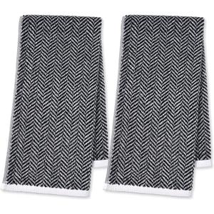 Cleanbear Black Cotton Hand Towels, 2 Pack Herringbone Striped Hand Towels for Bathroom, Soft Absorbent Lightweight for Drying Hands, 14x29 Inches, Decorative & Durable