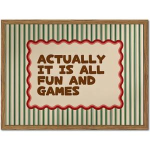 Actually It Is All Fun And Games Sign Wall Art Funny Playroom Quote Wall Decor Painting Vintage Striped Kids Game Room Canvas Poster Prints Picture for Bedroom Living Room 16x24 inch Wood Framed