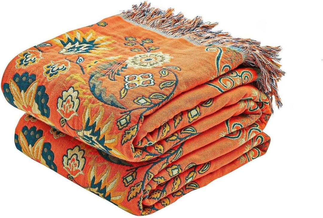 XIBLC Boho Throw Blanket, 100% Cotton Ultra Soft Luxury Throw Rustic Quilt, 80"x90" Floral Printed Farmhouse Decor Bed Summer Blankets, All Season Rustic Reversible Bohemian Throw for Bed - Orange