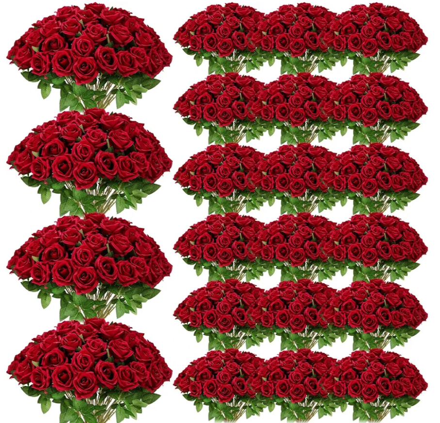 Riceshoot 500 Pcs Artificial Silk Roses Flowers with Long Stem Bridal Wedding Bouquet Realistic Floral Bulks for Garden Home Party Gifts Favor Decoration(Red)