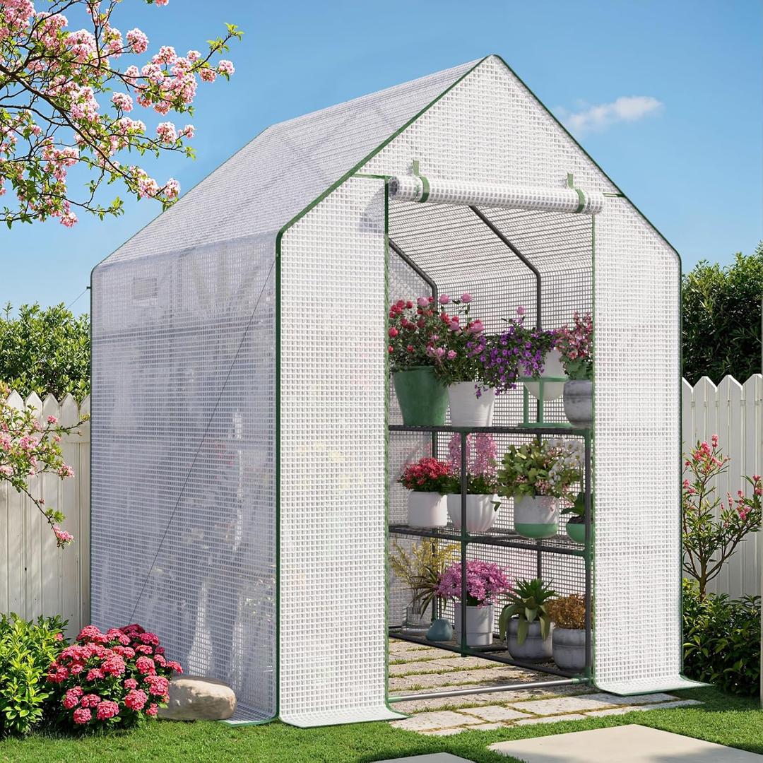 Portable Greenhouse for Outdoor, 57 x 57 x 76'' Greenhouses with Durable PE Cover, Walk in Greenhouse with Shelves Stands, White, Large