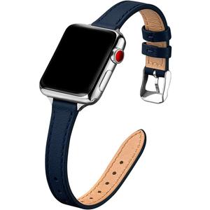 STIROLL Slim Leather Bands Compatible with Apple Watch Band 38mm 40mm 41mm 42mm(Series 11 10), Top Grain Leather Watch Thin Wristband for iWatch SE 9 8 7 6 5 4 3 2 1 , Navy with Silver 