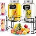 Drink Dispenser & Glass Water Dispenser, 2 Pack 1 Gallon Beverage Dispenser with Stand with Ice Core, Stainless Steel Spigot and Lid 100% Leakproof, Glass Beverage Dispenser for BBQ, Picnic, Party
