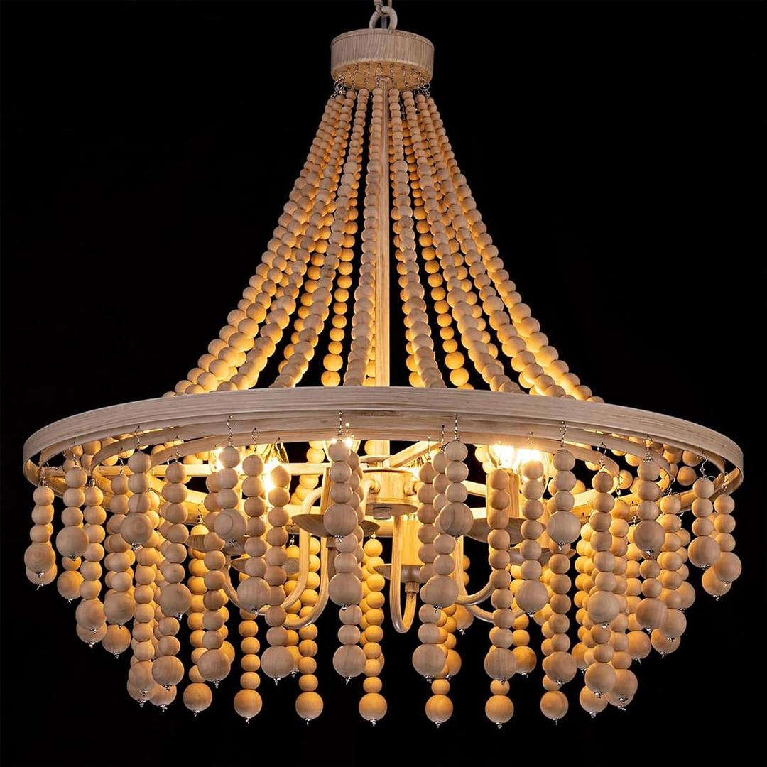 TOCHIC Wood Bead Chandelier 26.8", 6-Light Boho Chandeliers Farmhouse Large Beaded Chandelier for Dining Living Room Bedroom Bohemia Coastal Pendant Light Fixture for Kitchen, Foyer, Entryway